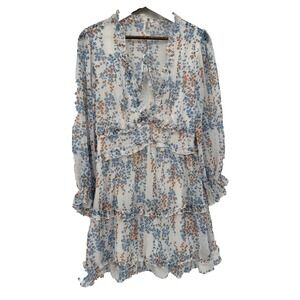 M Cottagecore dainty floral spring sheer long sleeve babydoll V-neck tiered mini